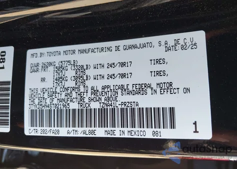 2025 Toyota Tacoma Sr 2Wd from USA, damaged, VIN 3TYKD5HN4ST021965